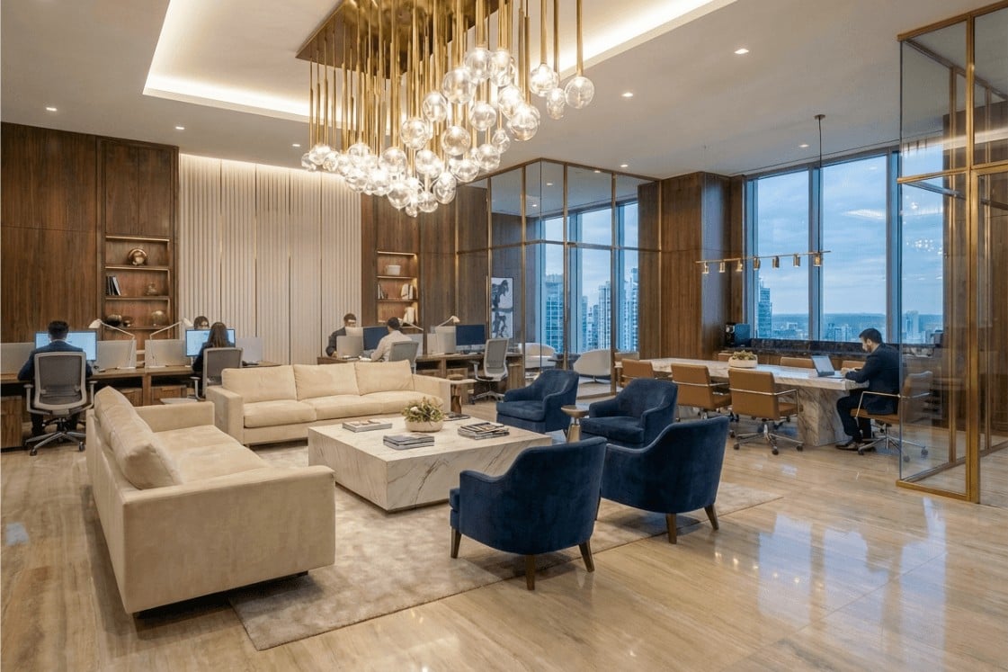 A modern office interior featuring a spacious lounge area with a cream-colored sofa and blue chairs, large windows with city views, elegant lighting fixtures, and workstations in the background.