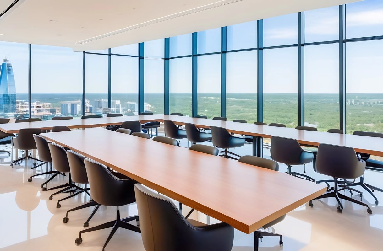 A conference room featuring large windows that provide a view of the city skyline.