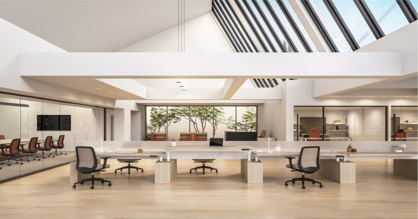 An open office space featuring a large skylight that allows natural light to illuminate the area.