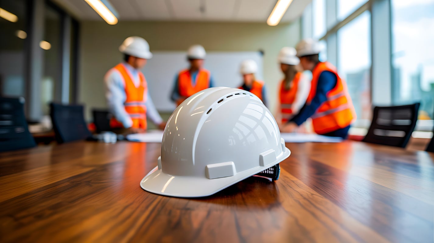 A hard hat placed on a table, with several people engaged in conversation in the background.