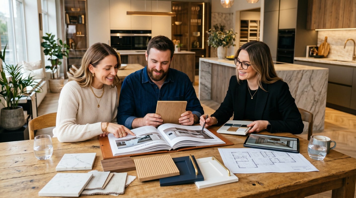 Three people gathered around a table, discussing content from an open book.