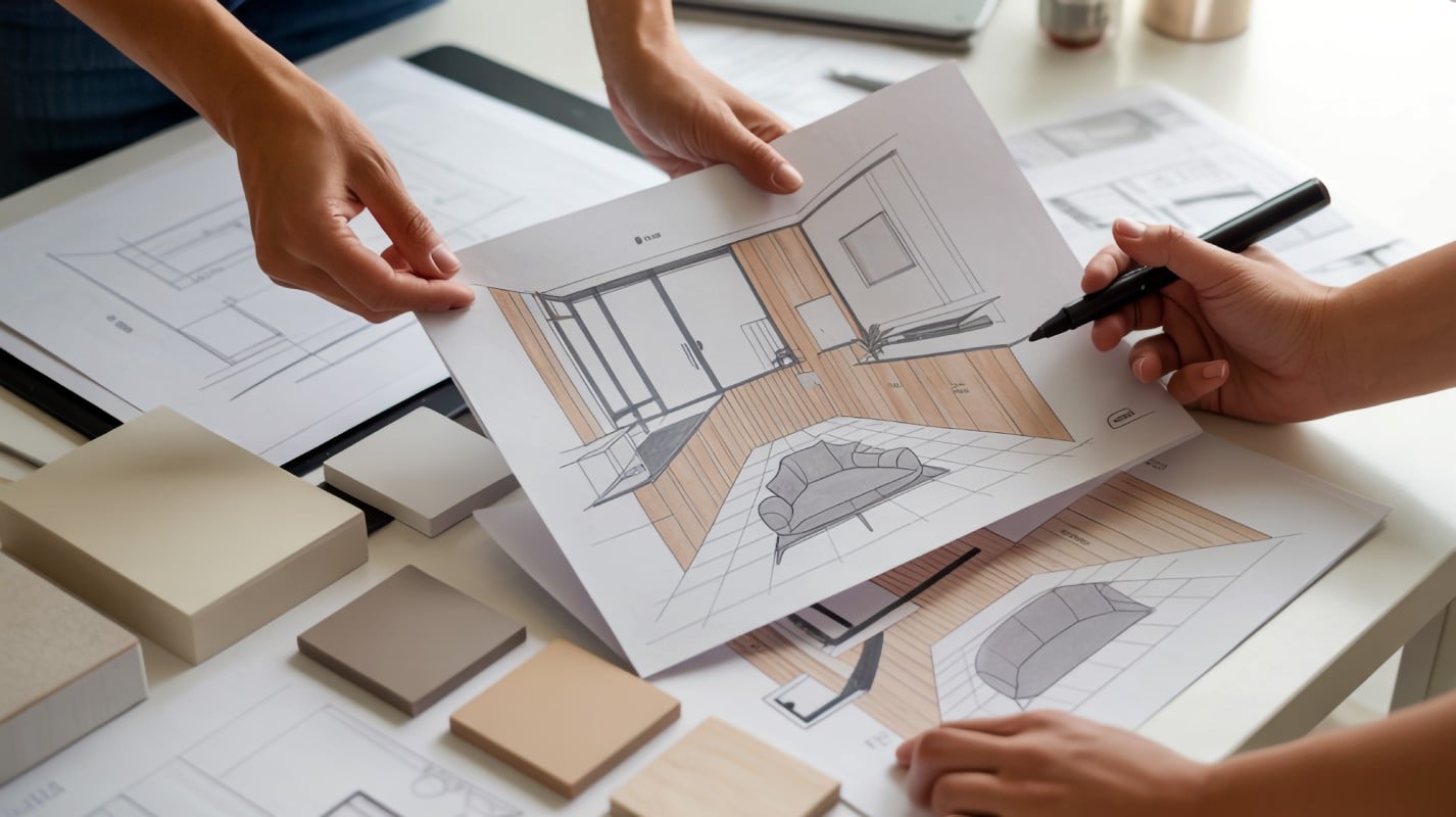 Two individuals collaborate on a home blueprint, discussing plans and making notes on a large sheet of paper.