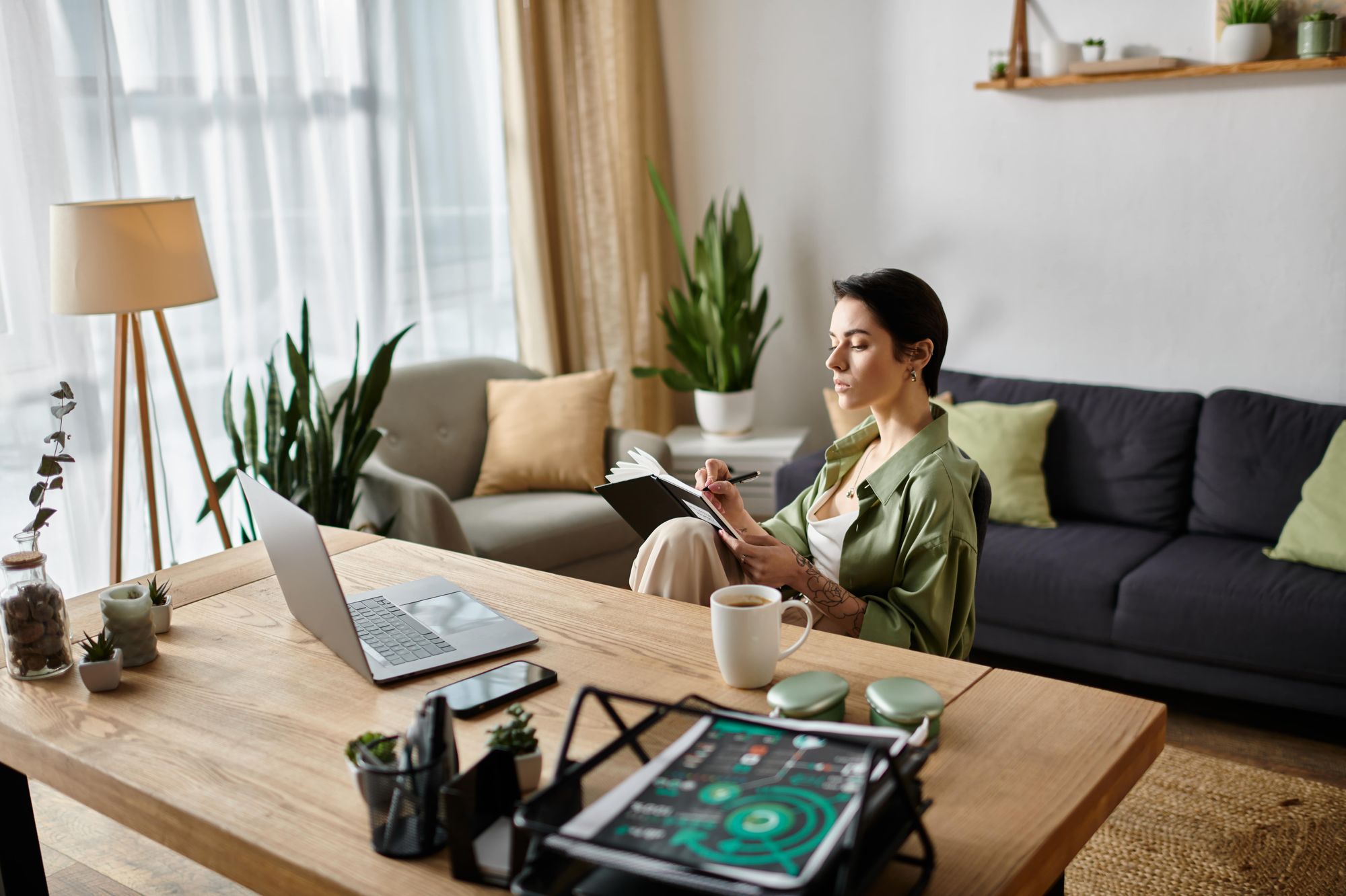 A woman sitting at a wooden table in a well-lit room, writing in a notebook with a laptop and a cup of coffee nearby, surrounded by plants and comfortable furniture.