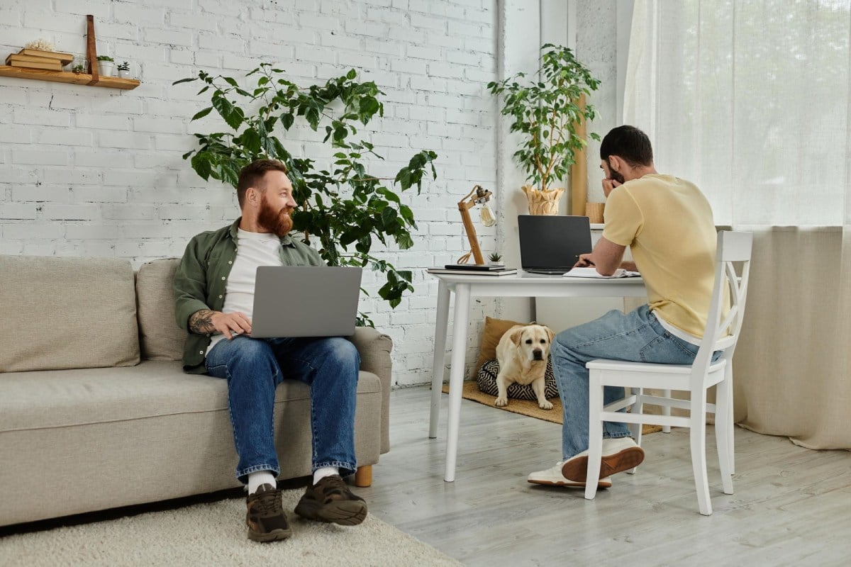 Two men work on laptops in a cozy living room with plants. One sits on a couch, the other at a table. A relaxed dog lies under the table.