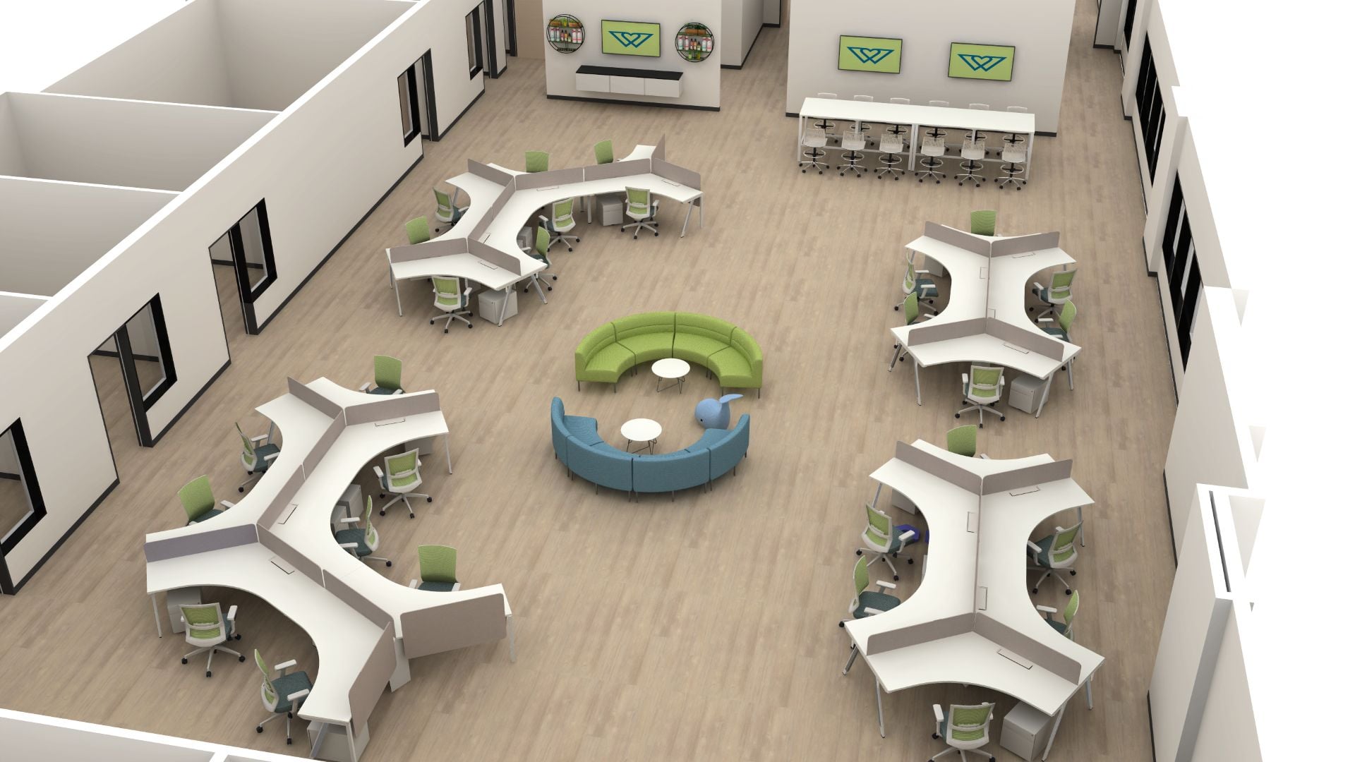 A high-angle 3D architectural rendering of an open office floor plan featuring white curved workstation clusters, green and blue sectional seating in the center, and surrounding private office spaces.